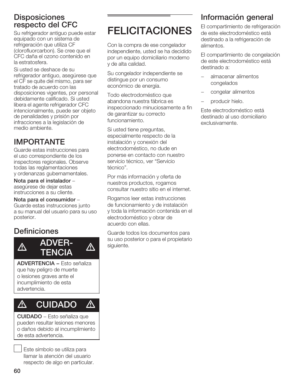 Felicitaciones, Adverć tencia, Cuidado | Disposiciones respecto del cfc, Importante, Definiciones, Información general | Bosch B36IB User Manual | Page 60 / 86