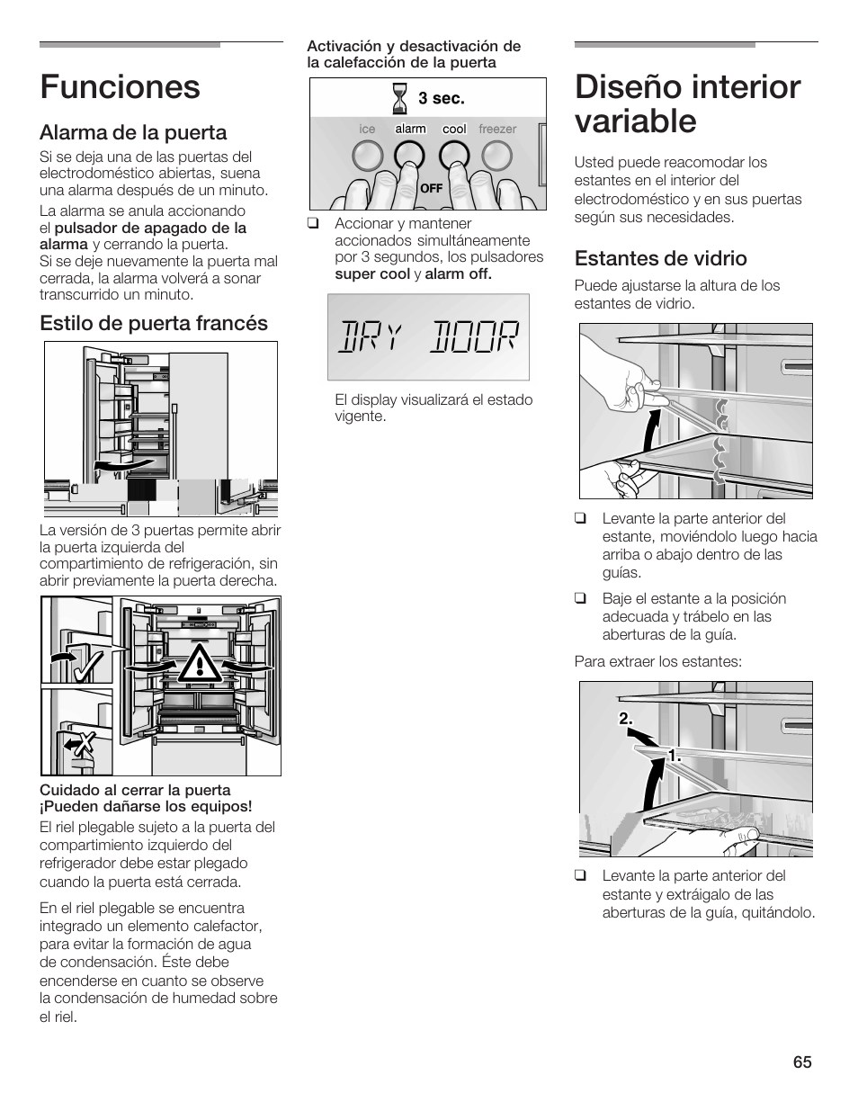 Funciones, Diseño interior variable, Alarma de la puerta | Estilo de puerta francés, Estantes de vidrio | Bosch B36IB User Manual | Page 65 / 86