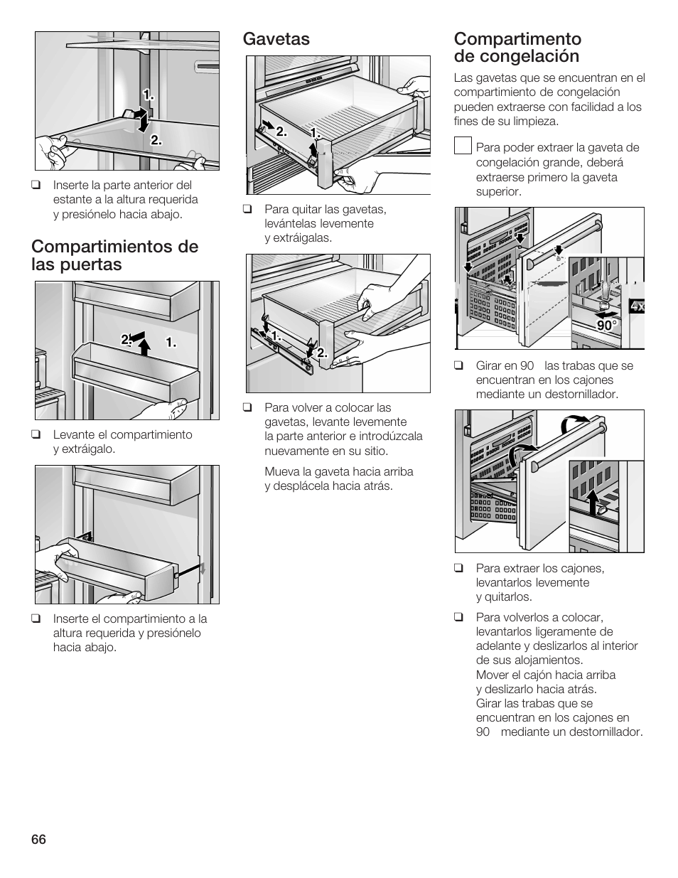 Compartimientos de las puertas, Gavetas, Compartimento de congelación | Bosch B36IB User Manual | Page 66 / 86
