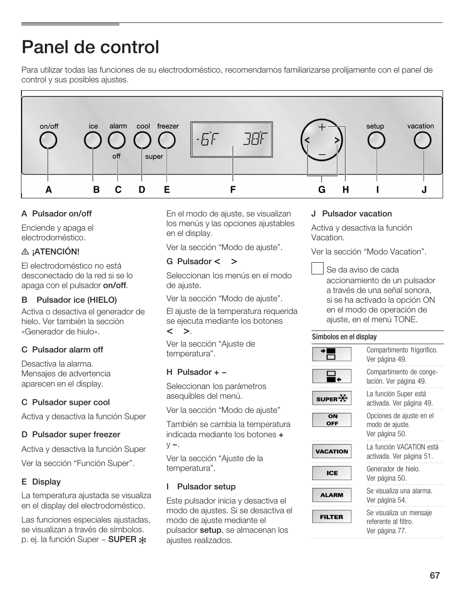 Panel de control | Bosch B36IB User Manual | Page 67 / 86