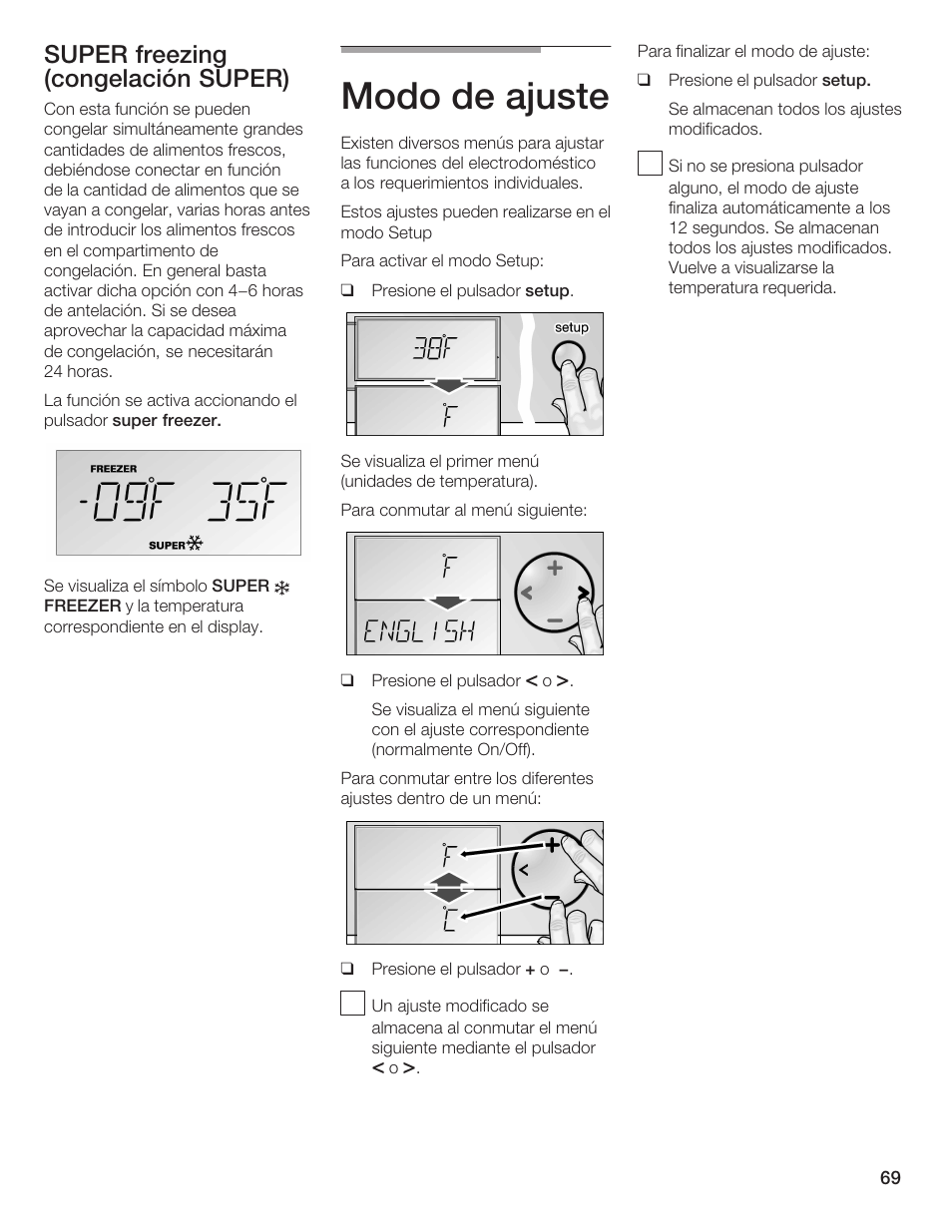 Modo de ajuste, Super freezing (congelación super) | Bosch B36IB User Manual | Page 69 / 86