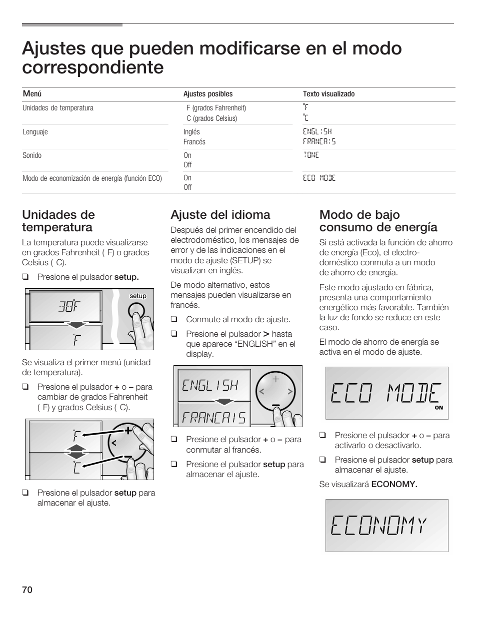 Unidades de temperatura, Ajuste del idioma, Modo de bajo consumo de energía | Bosch B36IB User Manual | Page 70 / 86