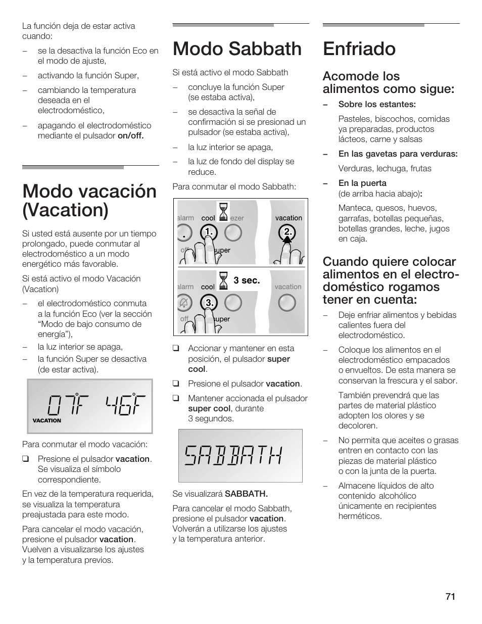 Modo vacación (vacation), Modo sabbath, Enfriado | Acomode los alimentos como sigue | Bosch B36IB User Manual | Page 71 / 86