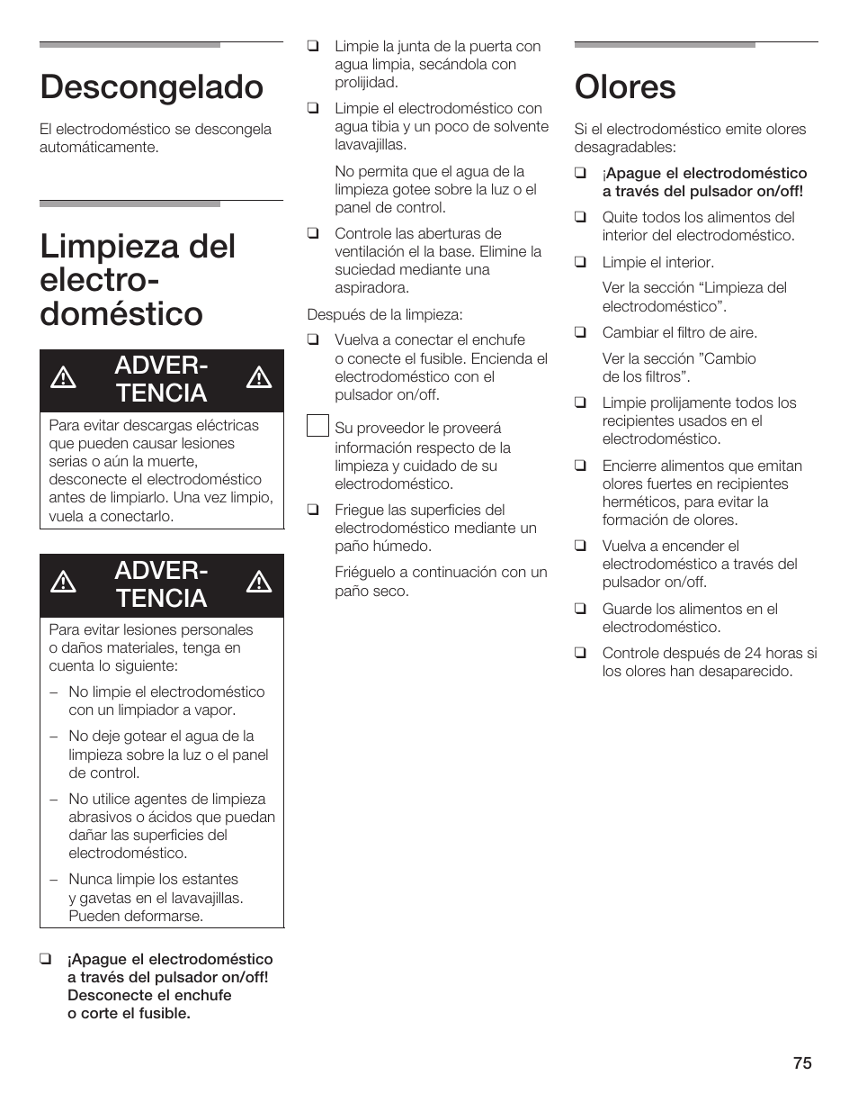 Descongelado, Limpieza del electroć doméstico, Olores | Adverć tencia | Bosch B36IB User Manual | Page 75 / 86