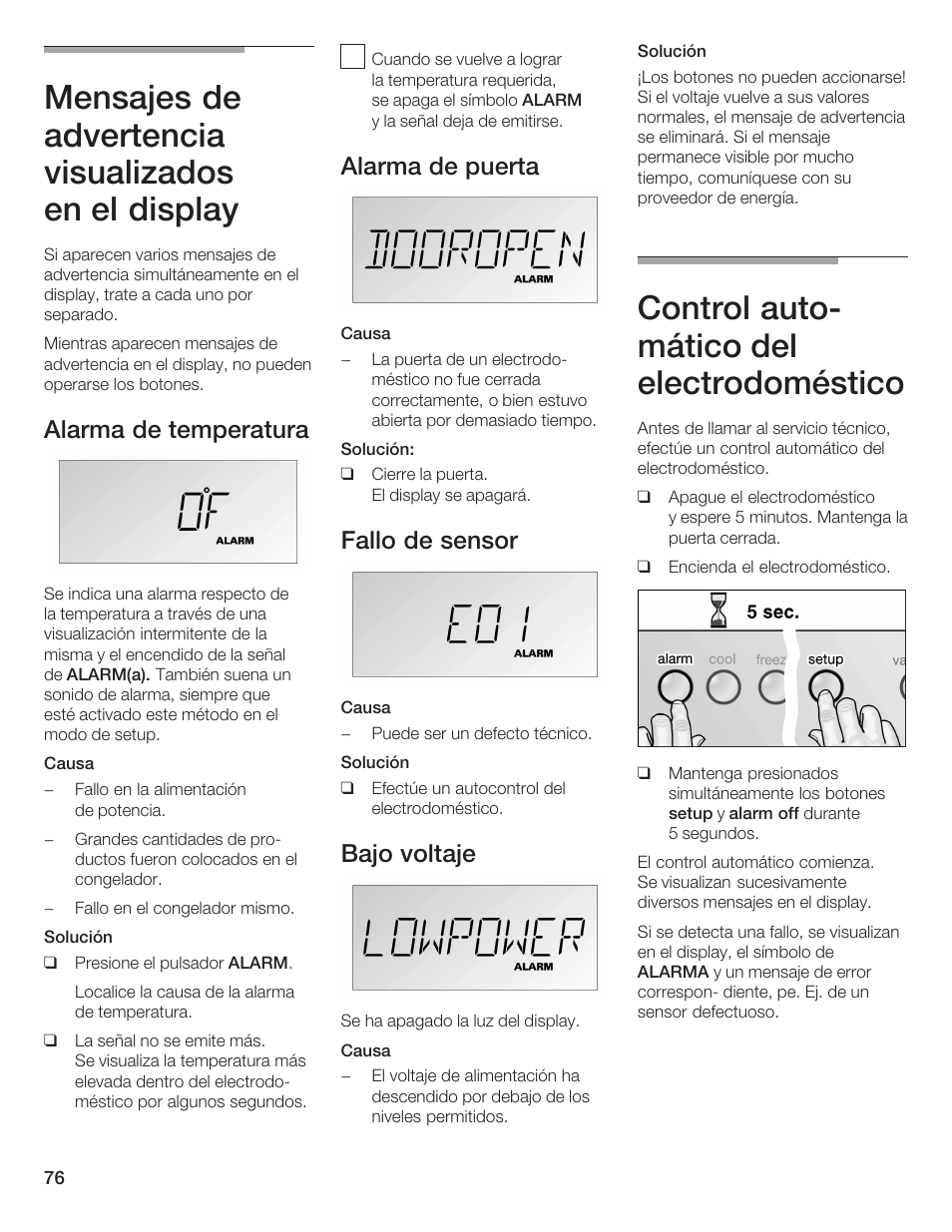Mensajes de advertencia visualizados en el display, Control autoć mático del electrodoméstico, Alarma de temperatura | Alarma de puerta, Fallo de sensor, Bajo voltaje | Bosch B36IB User Manual | Page 76 / 86