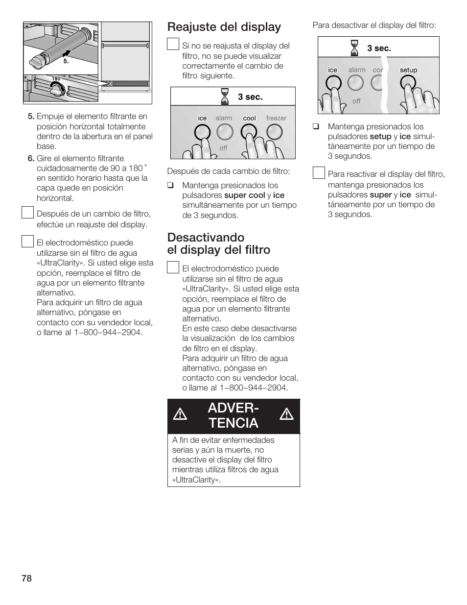 Adverć tencia, Reajuste del display, Desactivando el display del filtro | Bosch B36IB User Manual | Page 78 / 86