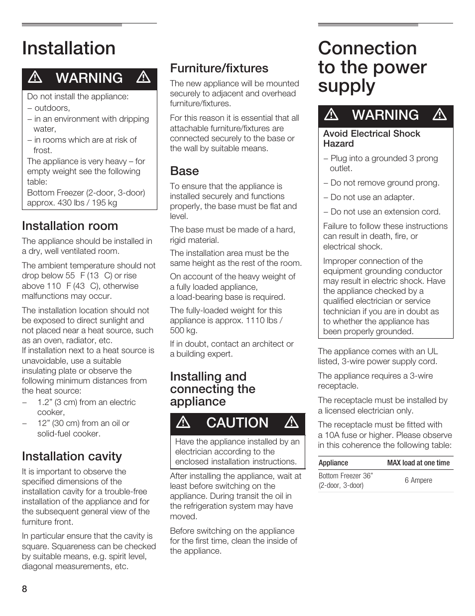 Installation, Connection to the power supply, Warning | Caution, Installation room, Installation cavity, Furniture/fixtures, Base, Installing and connecting the appliance | Bosch B36IB User Manual | Page 8 / 86