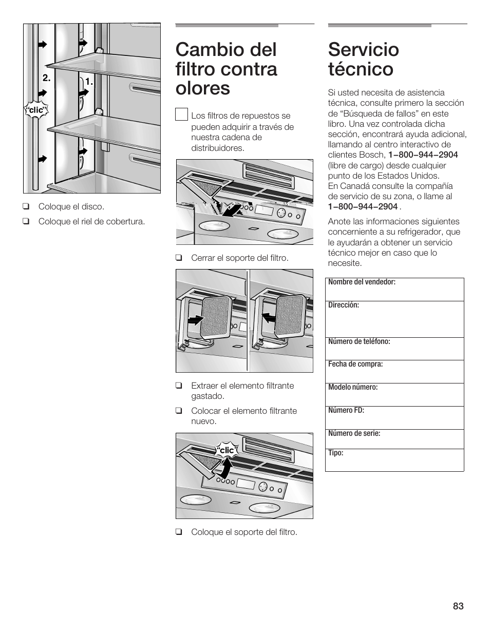 Cambio del filtro contra olores, Servicio técnico | Bosch B36IB User Manual | Page 83 / 86