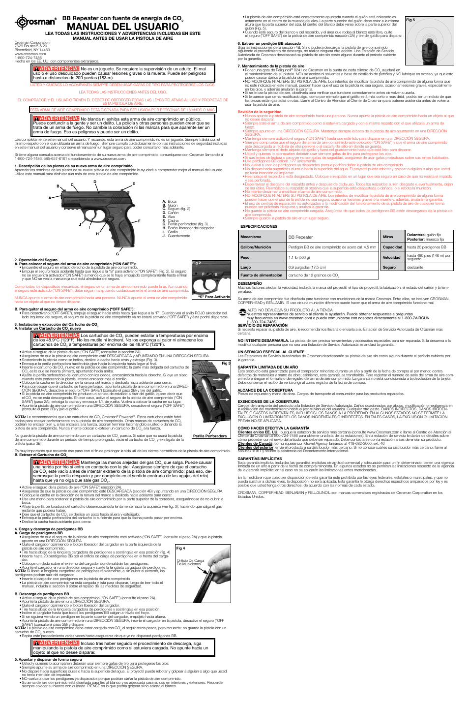 Manual del usuario, Bb repeater con fuente de energía de co, Advertencia | Crosman P10 User Manual | Page 2 / 2