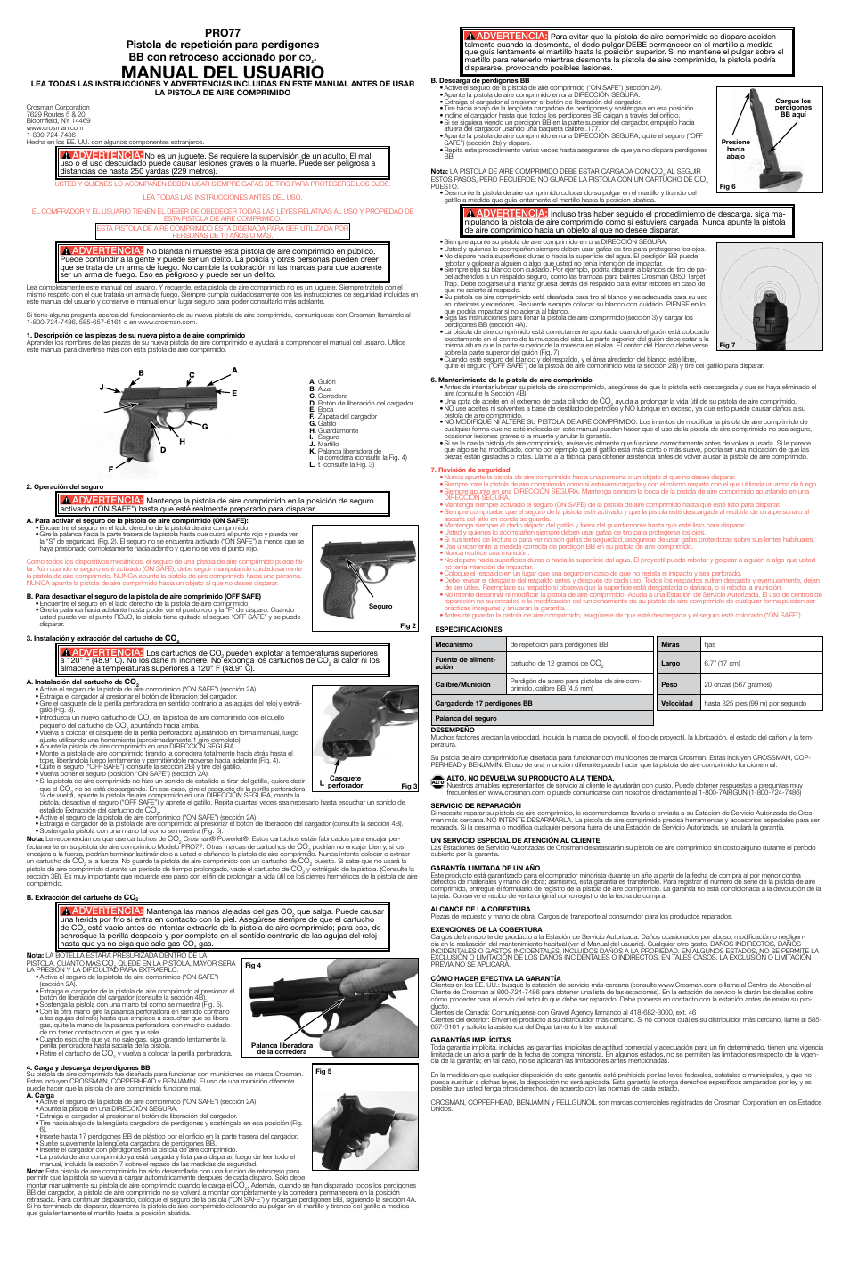 Manual del usuario, Advertencia | Crosman PRO77 (2009) User Manual | Page 2 / 3