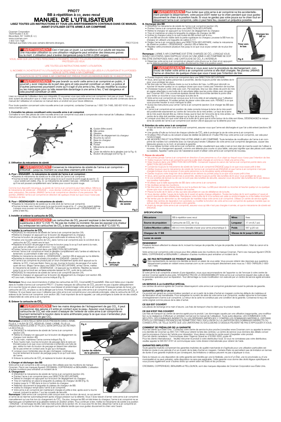 Manuel de l’utilisateur, Pro77 bb à répétition à, Avec recul | Avertissement | Crosman PRO77 (2009) User Manual | Page 3 / 3