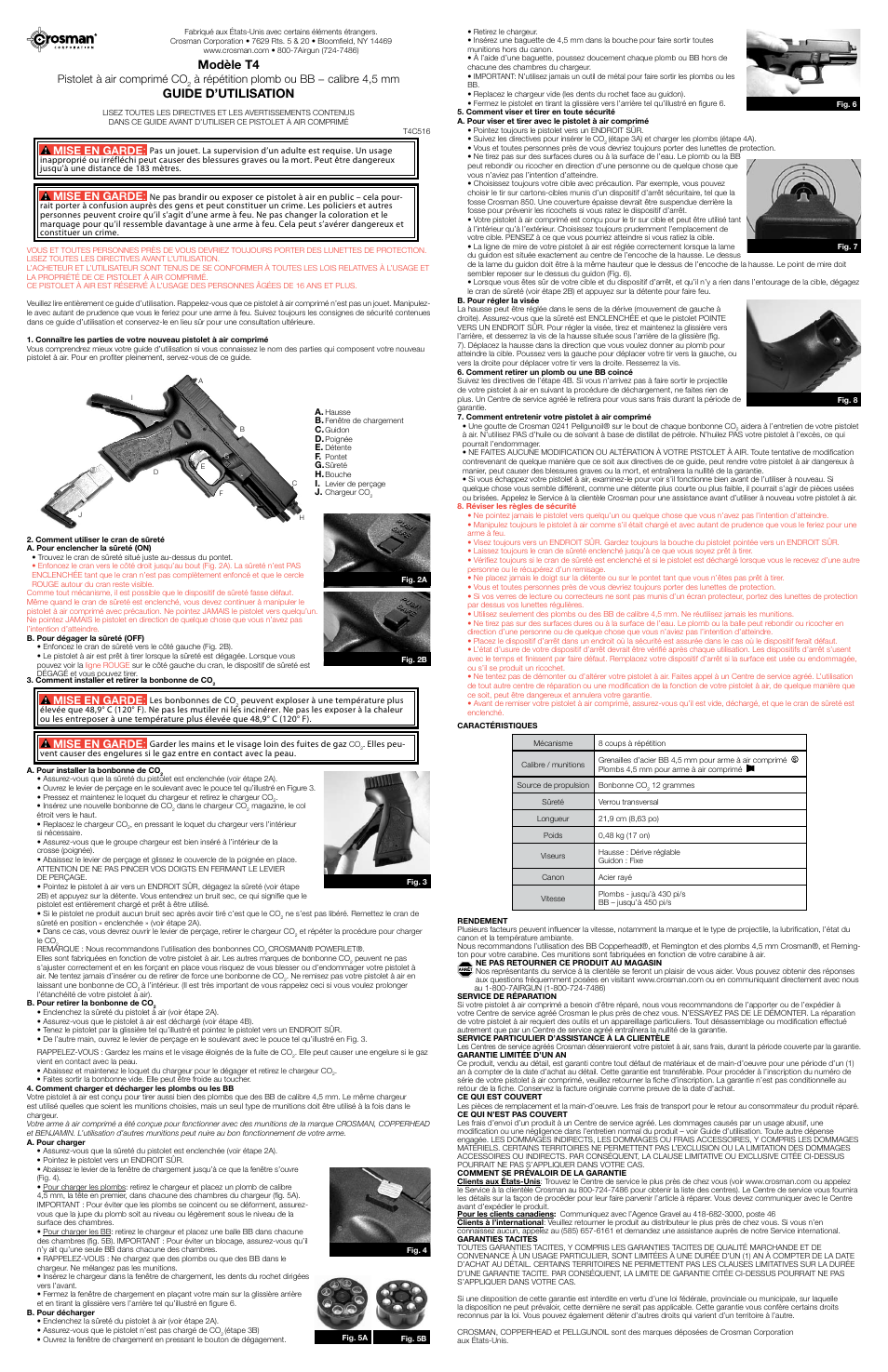 Modèle t4, Guide d’utilisation, Pistolet à air comprimé co | À répétition plomb ou bb − calibre 4,5 mm, Mise en garde | Crosman T4 User Manual | Page 3 / 3