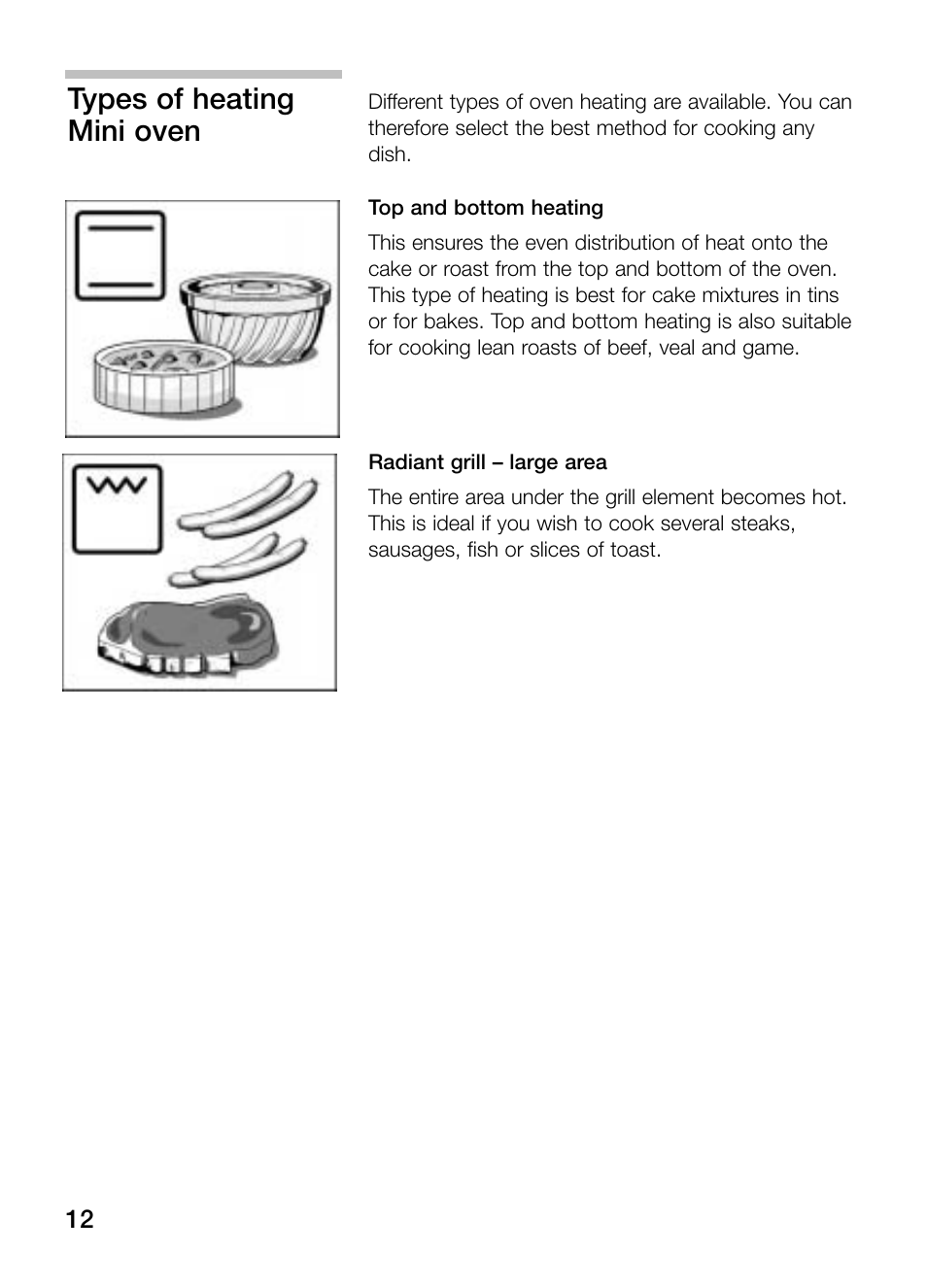 Types of heating, Mini oven | Bosch HBN 13M5.O User Manual | Page 12 / 48