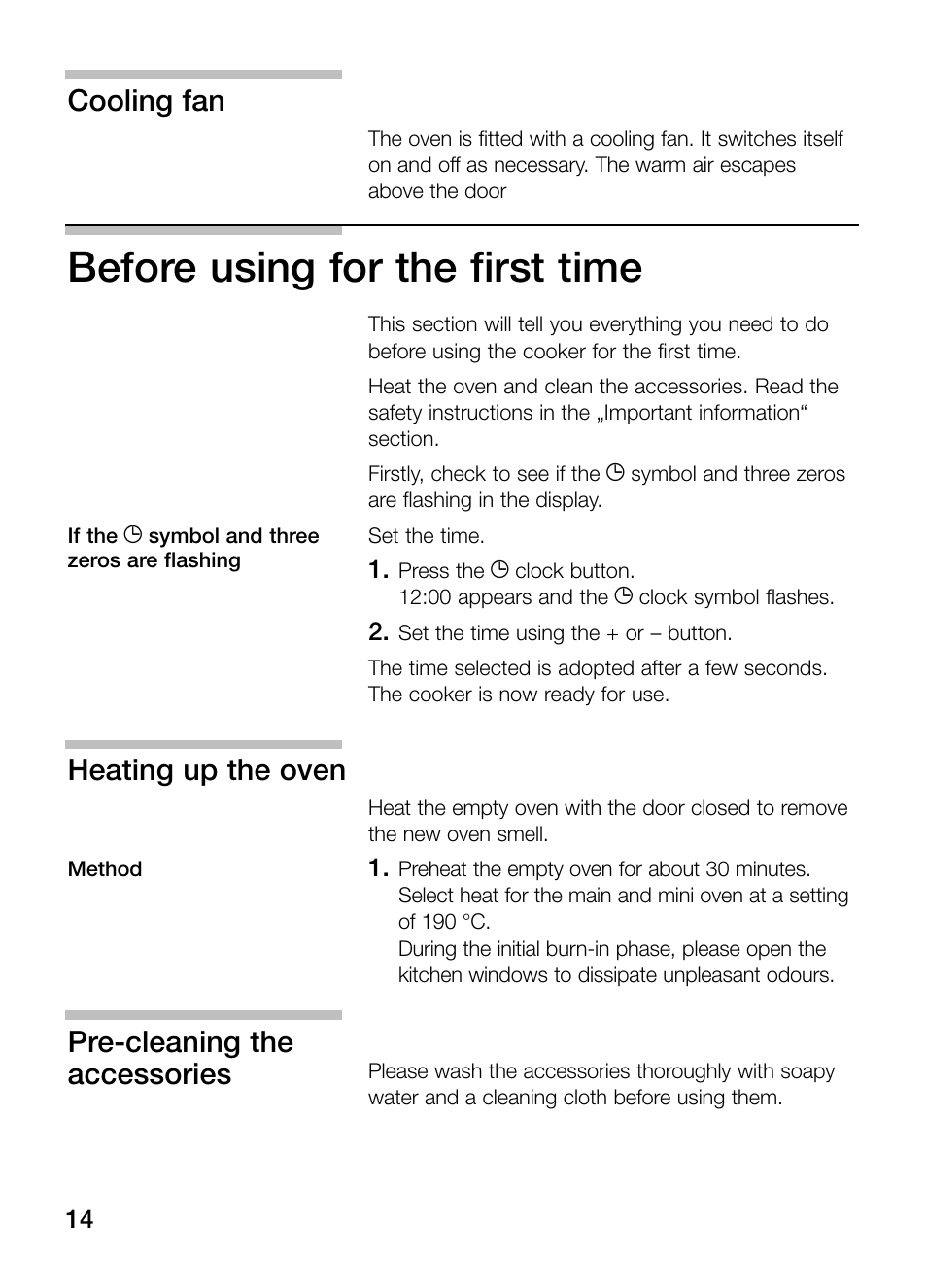 Before using for the first time, Cooling fan, Heating up the oven | Pre-cleaning the accessories | Bosch HBN 13M5.O User Manual | Page 14 / 48