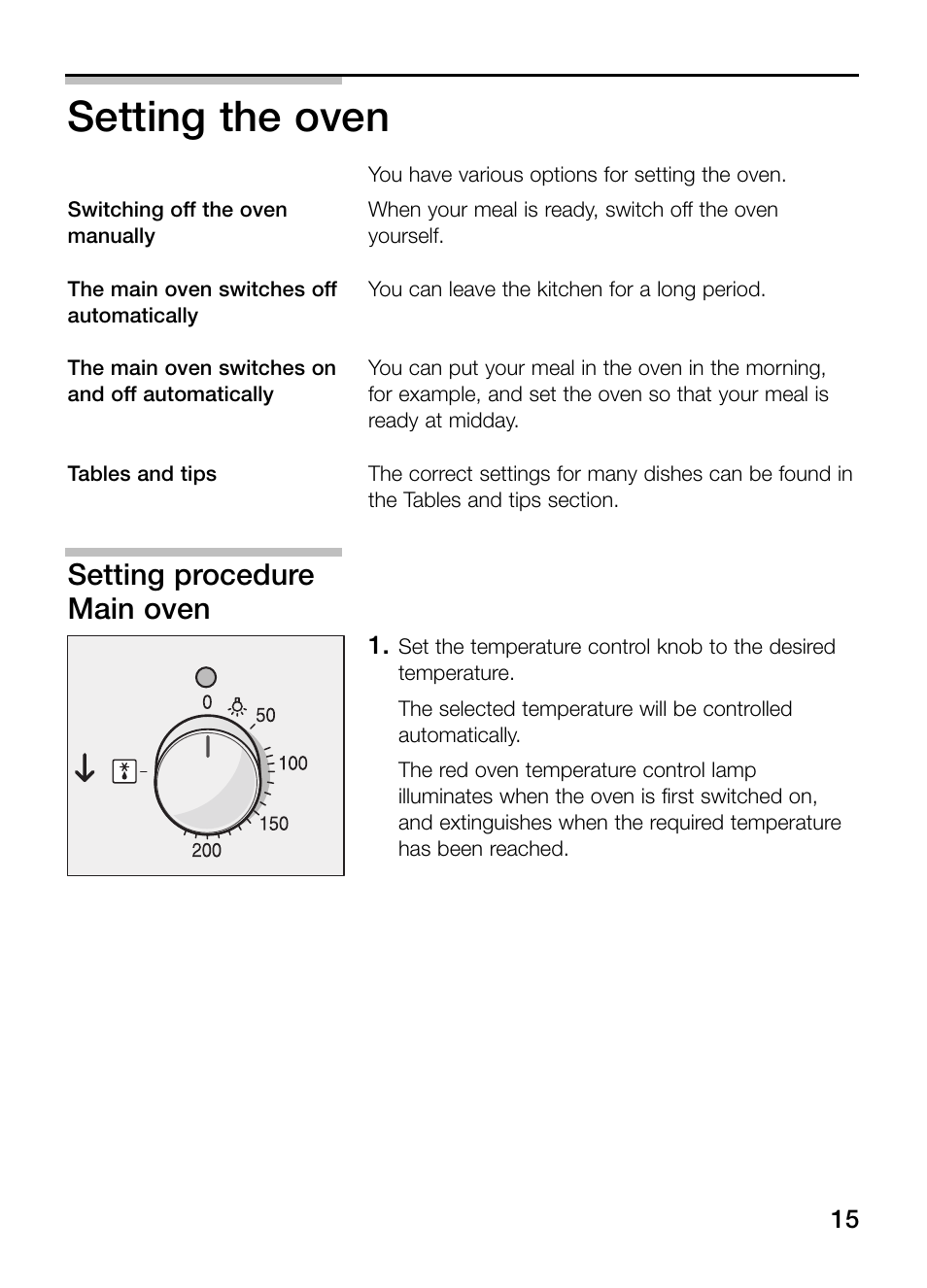 Setting the oven, Setting procedure main oven | Bosch HBN 13M5.O User Manual | Page 15 / 48