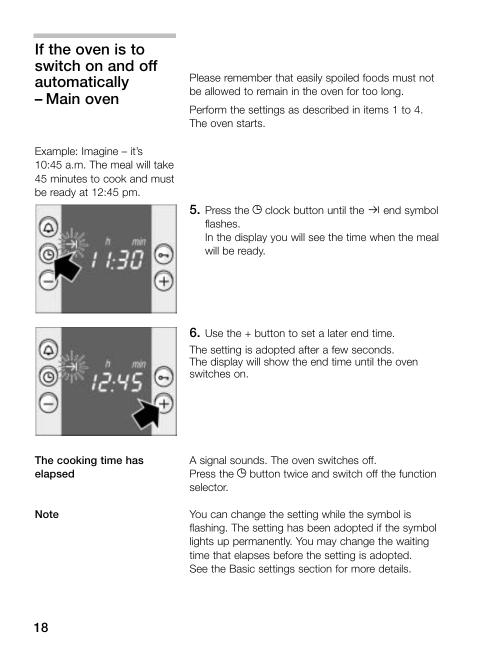 If the oven is to switch on and off automatically, Main oven | Bosch HBN 13M5.O User Manual | Page 18 / 48