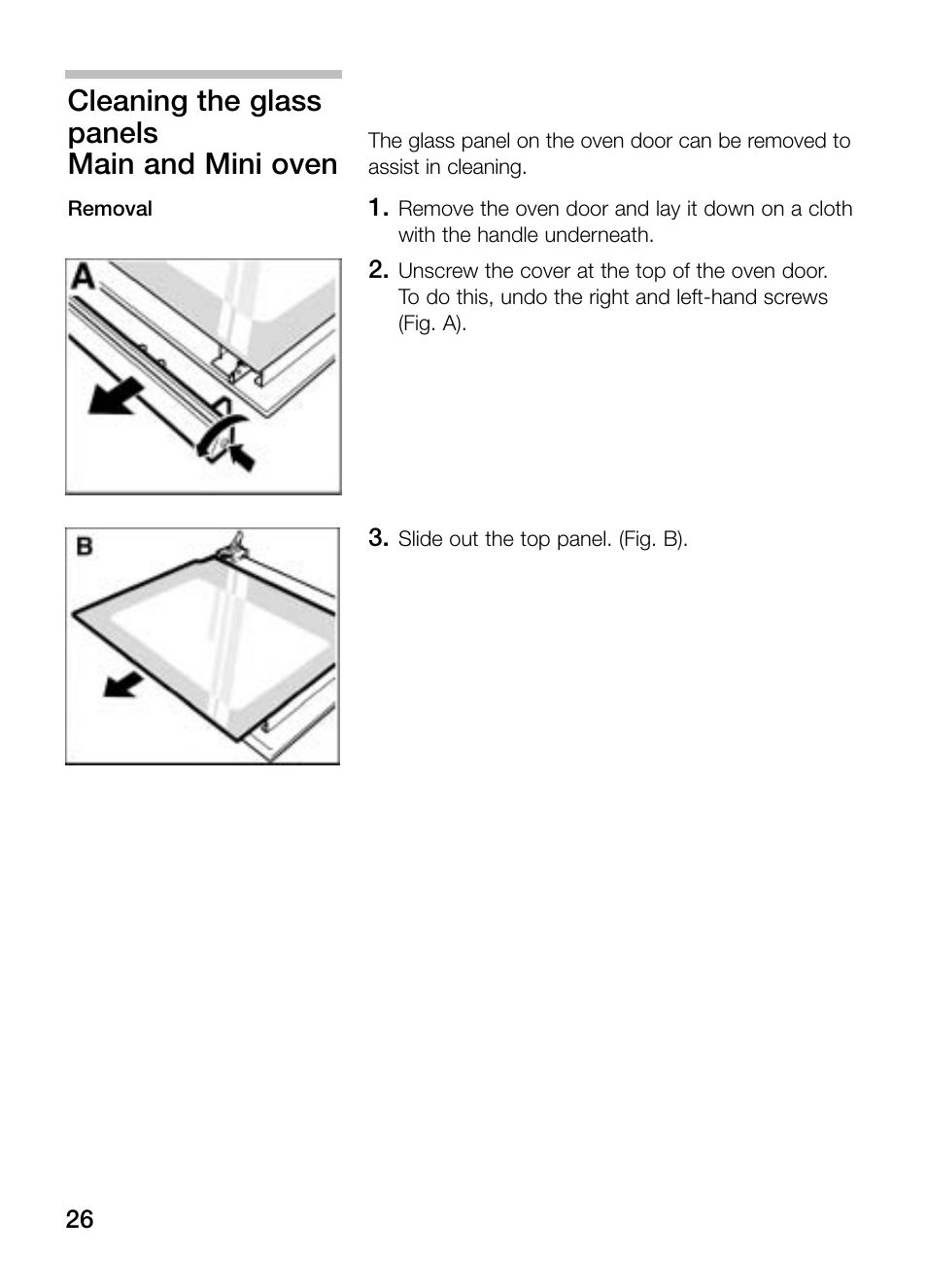 Cleaning the glass panels, Main and mini oven | Bosch HBN 13M5.O User Manual | Page 26 / 48