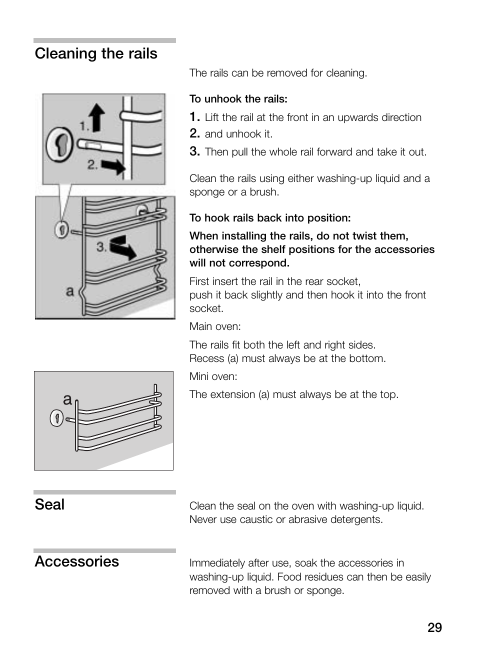 Cleaning the rails, Seal, Accessories | Bosch HBN 13M5.O User Manual | Page 29 / 48