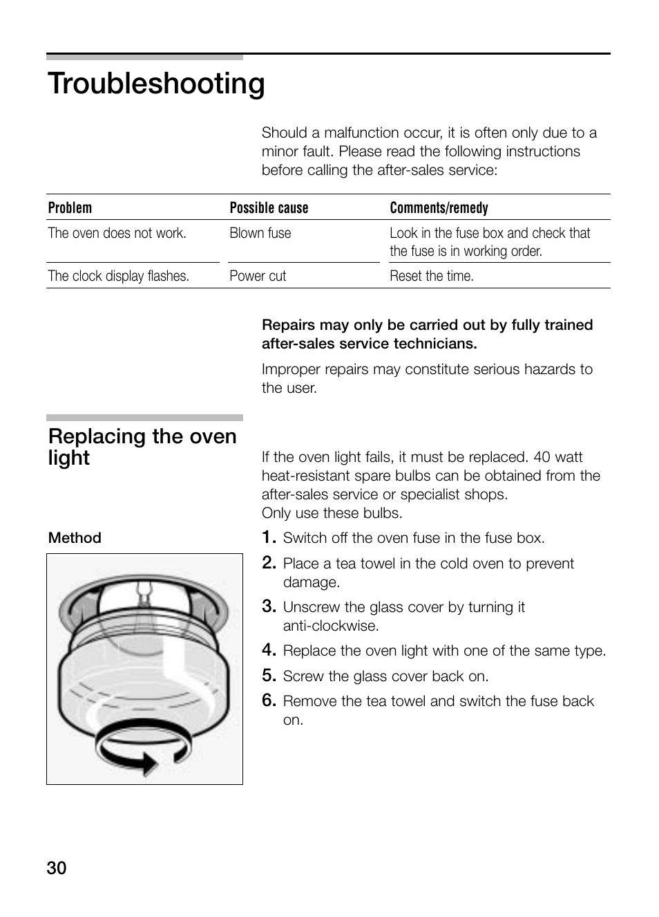 Troubleshooting, Replacing the oven light | Bosch HBN 13M5.O User Manual | Page 30 / 48
