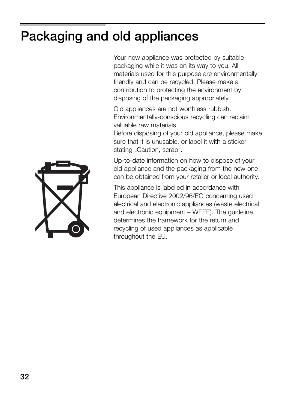 Packaging and old appliances | Bosch HBN 13M5.O User Manual | Page 32 / 48