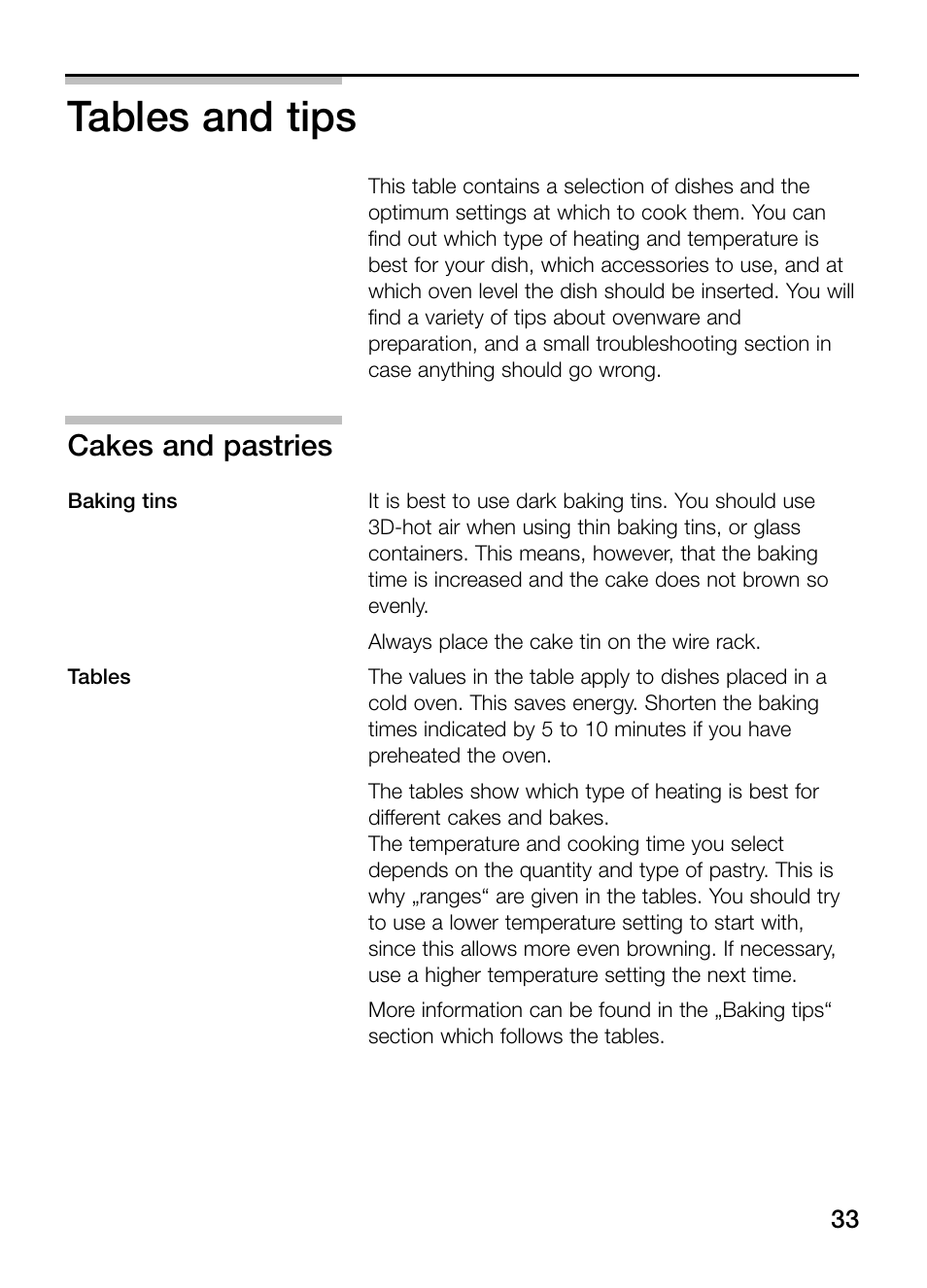 Tables and tips, Cakes and pastries | Bosch HBN 13M5.O User Manual | Page 33 / 48