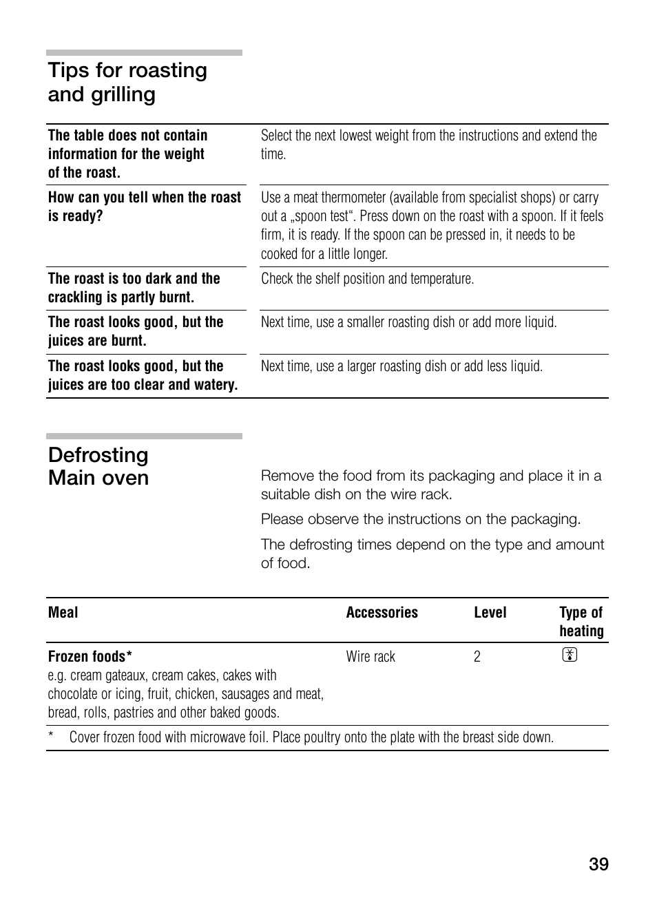 Tips for roasting and grilling, Defrosting main oven | Bosch HBN 13M5.O User Manual | Page 39 / 48