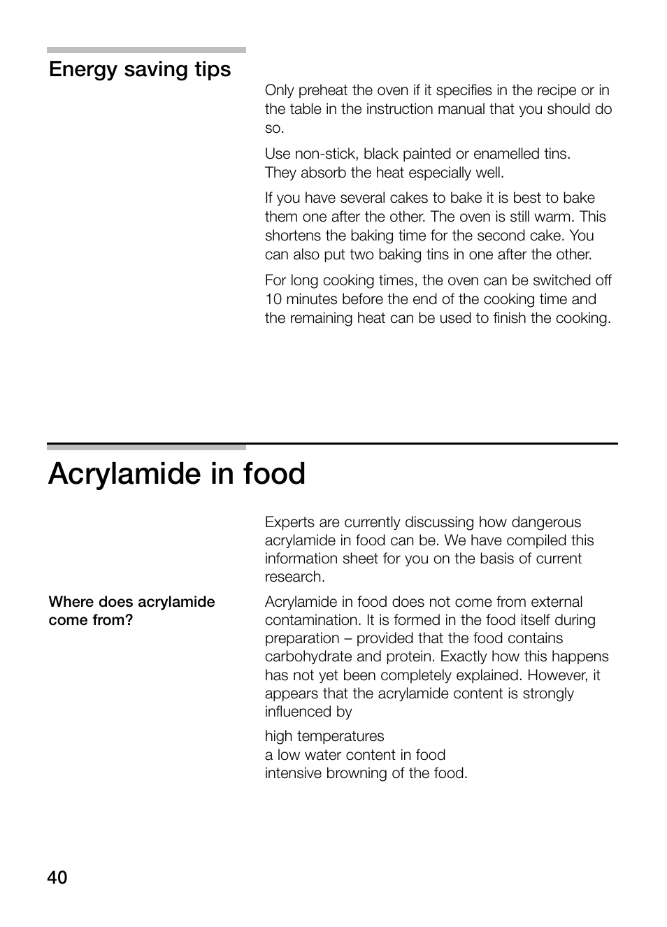 Acrylamide in food, Energy saving tips | Bosch HBN 13M5.O User Manual | Page 40 / 48
