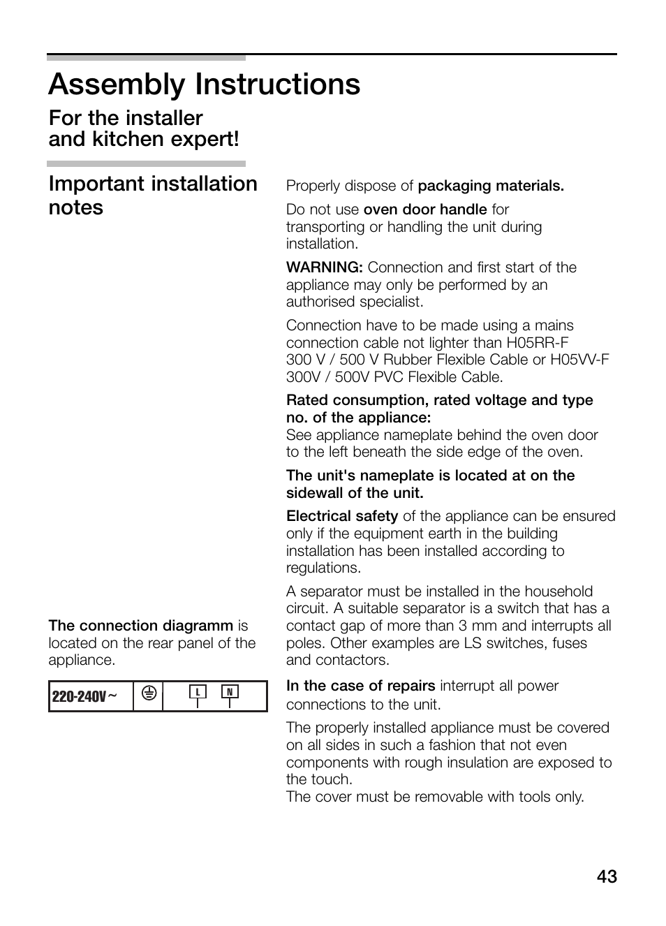 Assembly instructions | Bosch HBN 13M5.O User Manual | Page 43 / 48