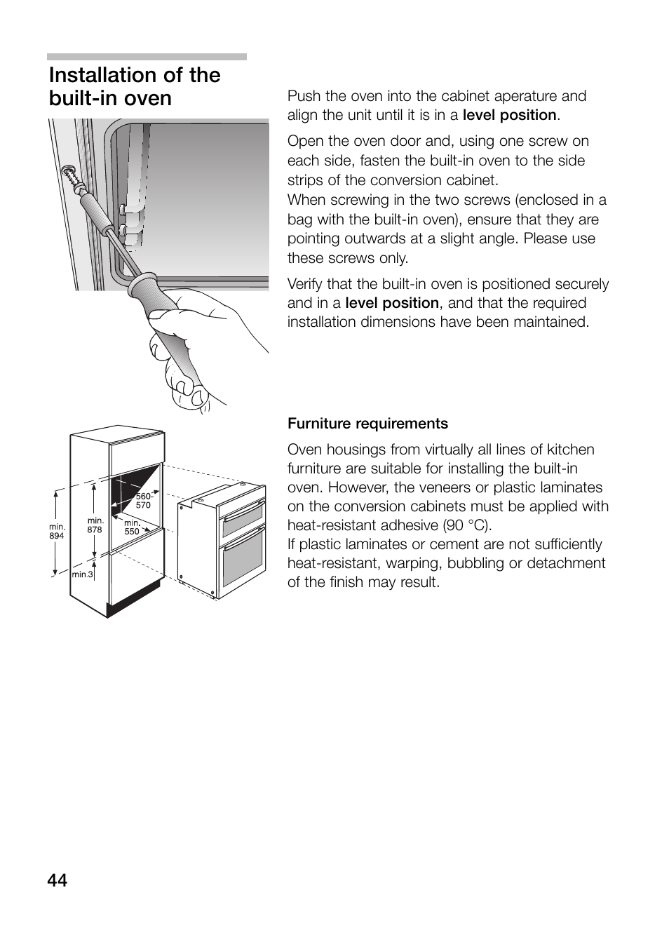 Installation of the built-in oven | Bosch HBN 13M5.O User Manual | Page 44 / 48