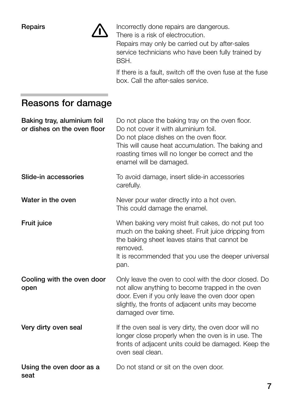 Reasons for damage | Bosch HBN 13M5.O User Manual | Page 7 / 48