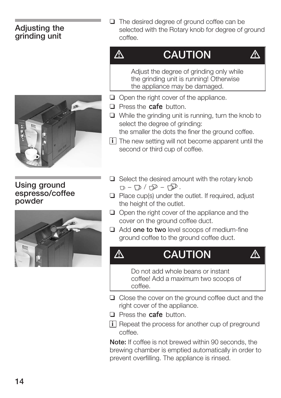 Dcaution d | Bosch AUTOMATIC COFFEE CENTRE TCA 6301 UC User Manual | Page 14 / 108