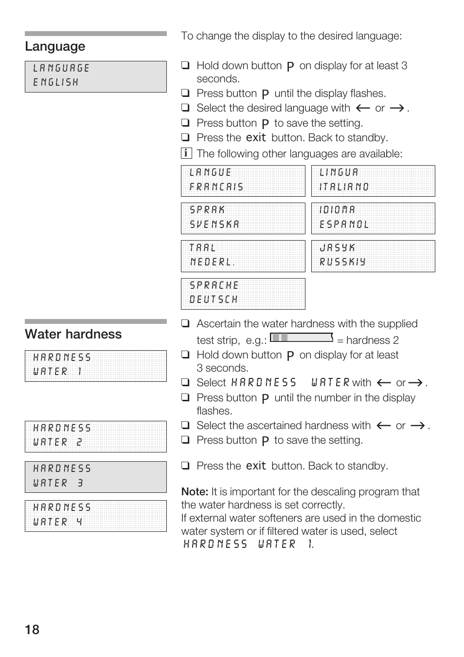 Language, Water hardness | Bosch AUTOMATIC COFFEE CENTRE TCA 6301 UC User Manual | Page 18 / 108