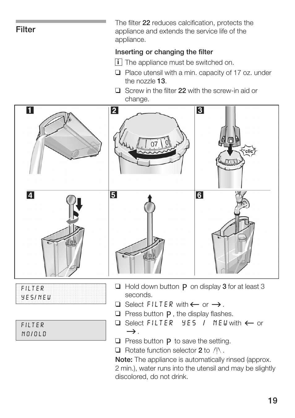 Filter | Bosch AUTOMATIC COFFEE CENTRE TCA 6301 UC User Manual | Page 19 / 108