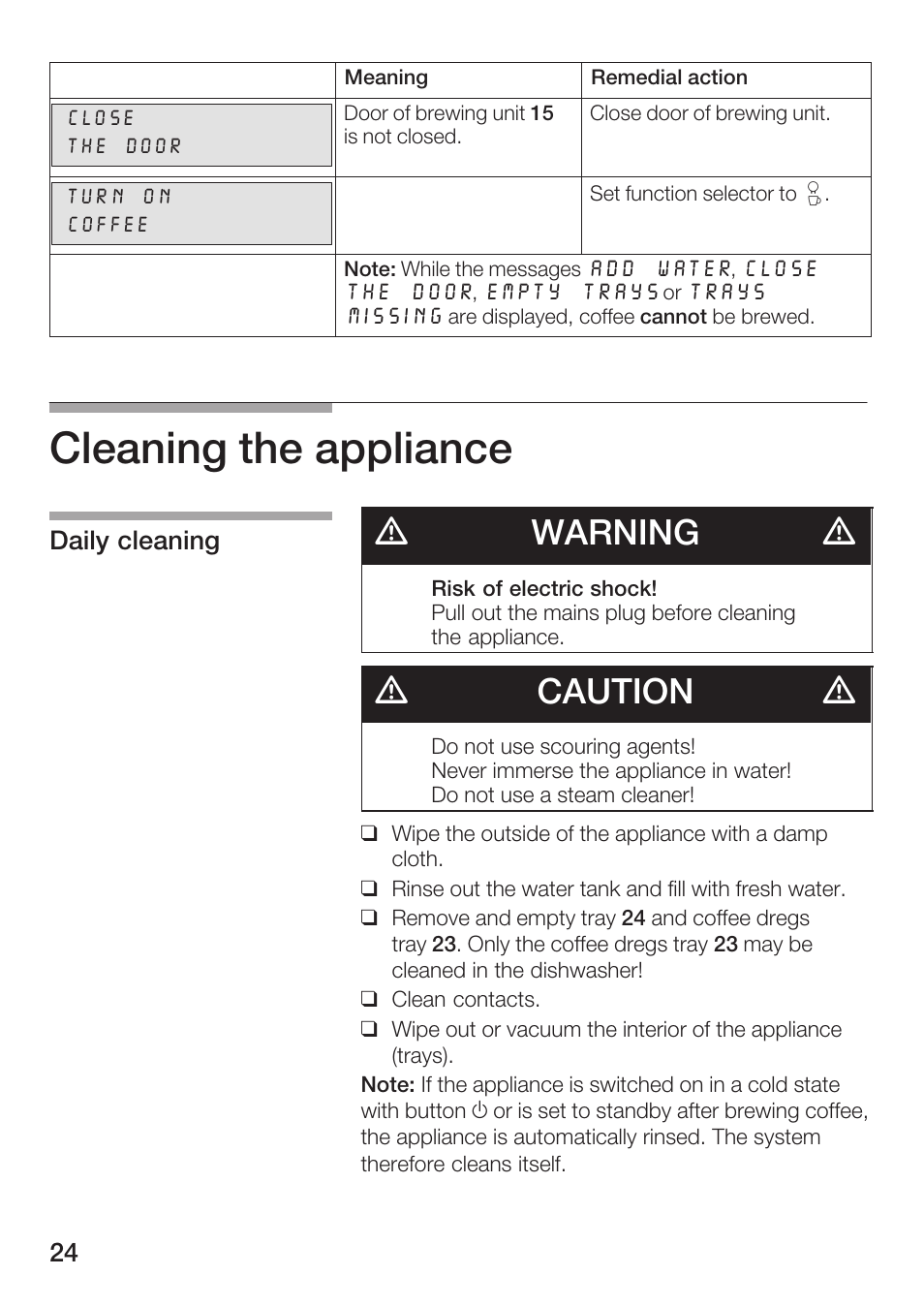 Cleaning the appliance, Dwarning d, Dcaution d | Bosch AUTOMATIC COFFEE CENTRE TCA 6301 UC User Manual | Page 24 / 108