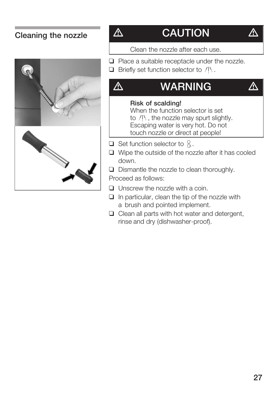 Dcaution d, Dwarning d | Bosch AUTOMATIC COFFEE CENTRE TCA 6301 UC User Manual | Page 27 / 108