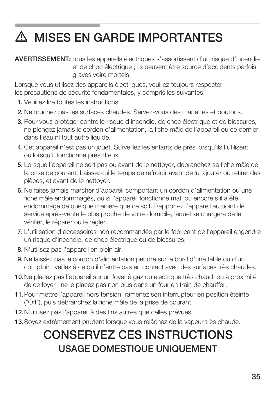 Mises en garde importantes, Conservez ces instructions, Usage domestique uniquement | Bosch AUTOMATIC COFFEE CENTRE TCA 6301 UC User Manual | Page 35 / 108