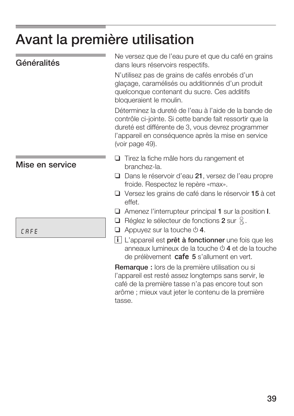 Avant la première utilisation | Bosch AUTOMATIC COFFEE CENTRE TCA 6301 UC User Manual | Page 39 / 108
