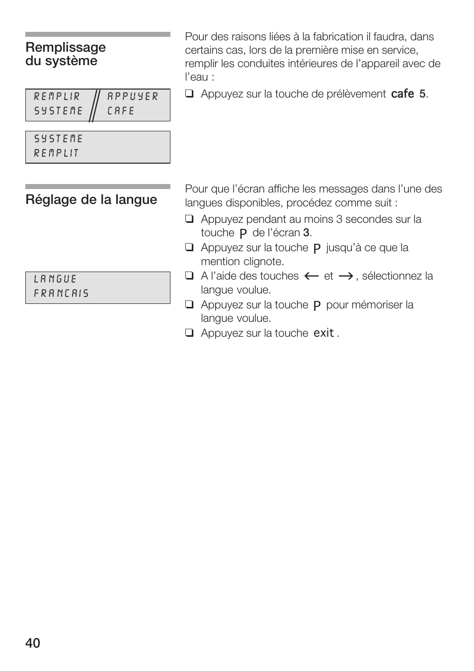 Remplissage du système, Réglage de la langue | Bosch AUTOMATIC COFFEE CENTRE TCA 6301 UC User Manual | Page 40 / 108