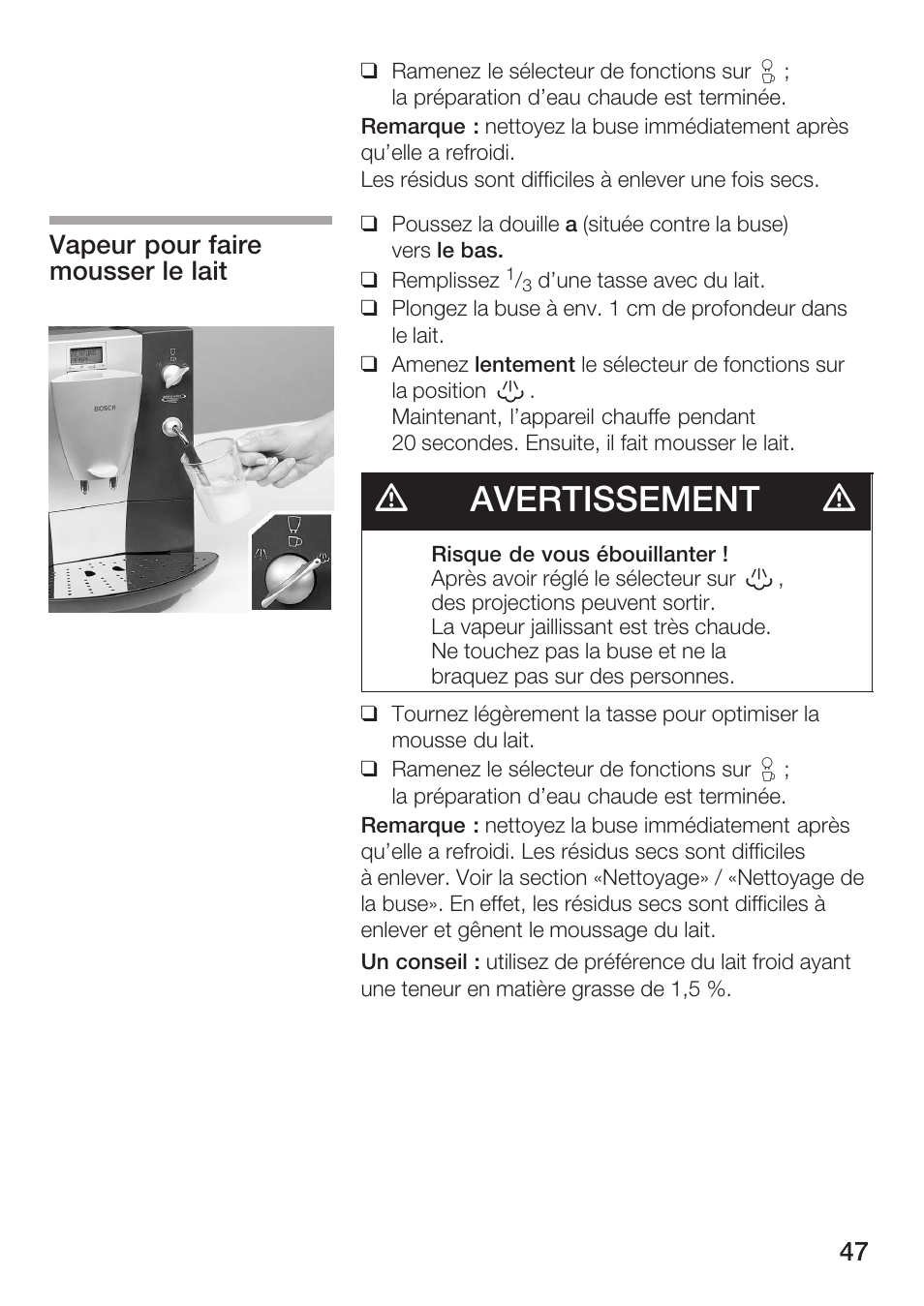 Davertissement d, Vapeur pour faire mousser le lait | Bosch AUTOMATIC COFFEE CENTRE TCA 6301 UC User Manual | Page 47 / 108