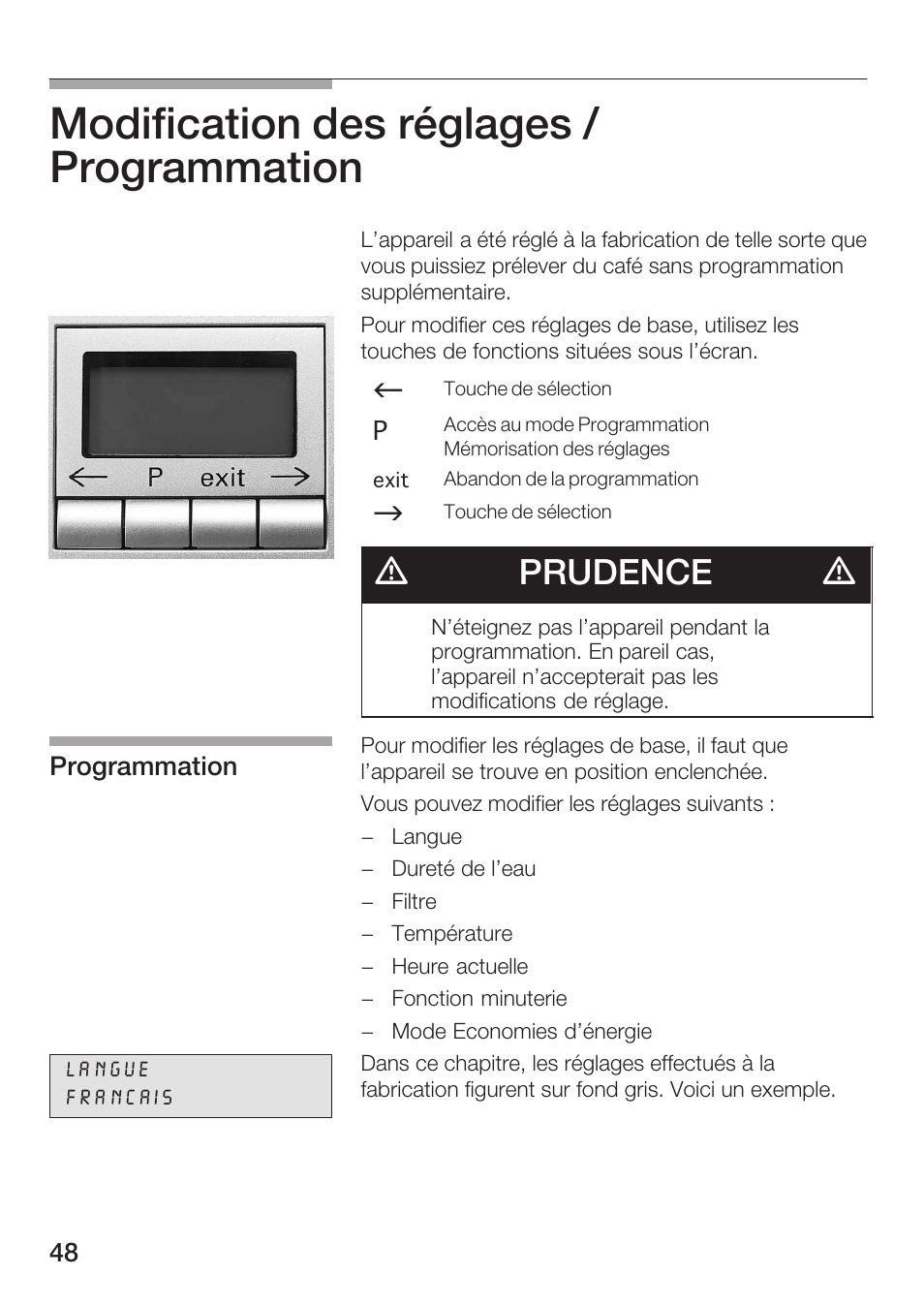 Modification des réglages / programmation, Dprudence d | Bosch AUTOMATIC COFFEE CENTRE TCA 6301 UC User Manual | Page 48 / 108