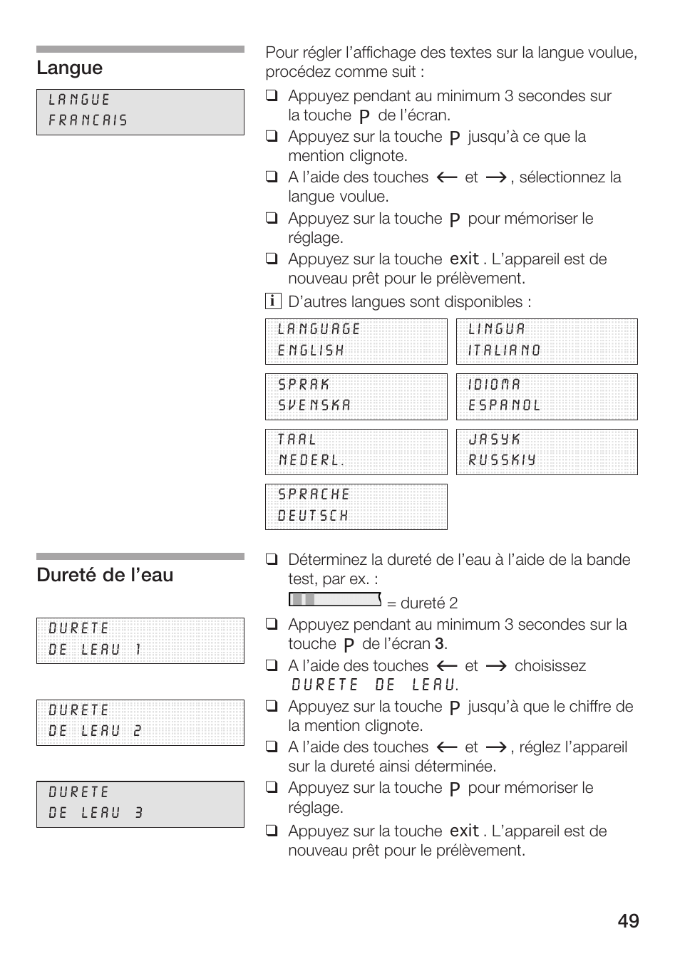 Langue, Dureté de l'eau | Bosch AUTOMATIC COFFEE CENTRE TCA 6301 UC User Manual | Page 49 / 108