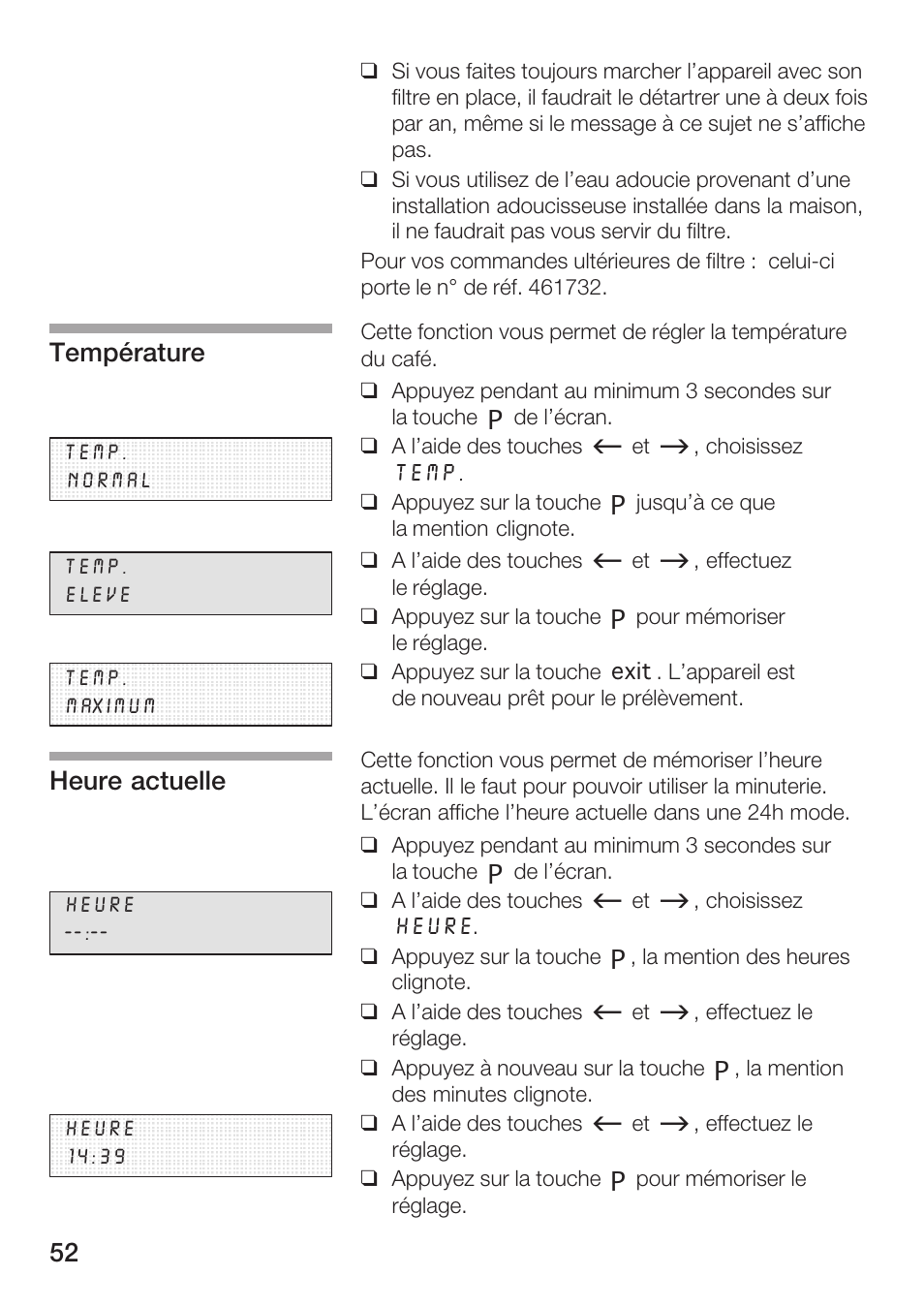 Température, Heure actuelle | Bosch AUTOMATIC COFFEE CENTRE TCA 6301 UC User Manual | Page 52 / 108