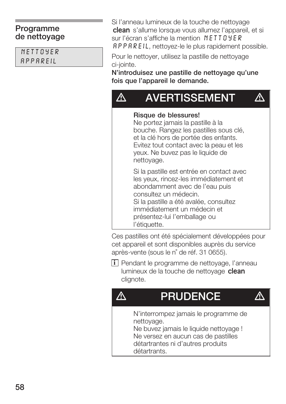 Davertissement d, Dprudence d | Bosch AUTOMATIC COFFEE CENTRE TCA 6301 UC User Manual | Page 58 / 108