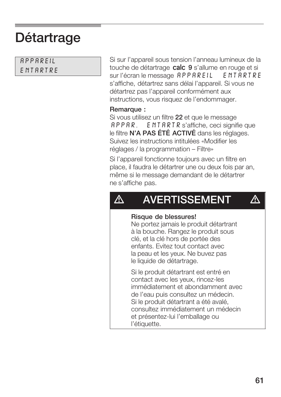 Détartrage, Davertissement d | Bosch AUTOMATIC COFFEE CENTRE TCA 6301 UC User Manual | Page 61 / 108