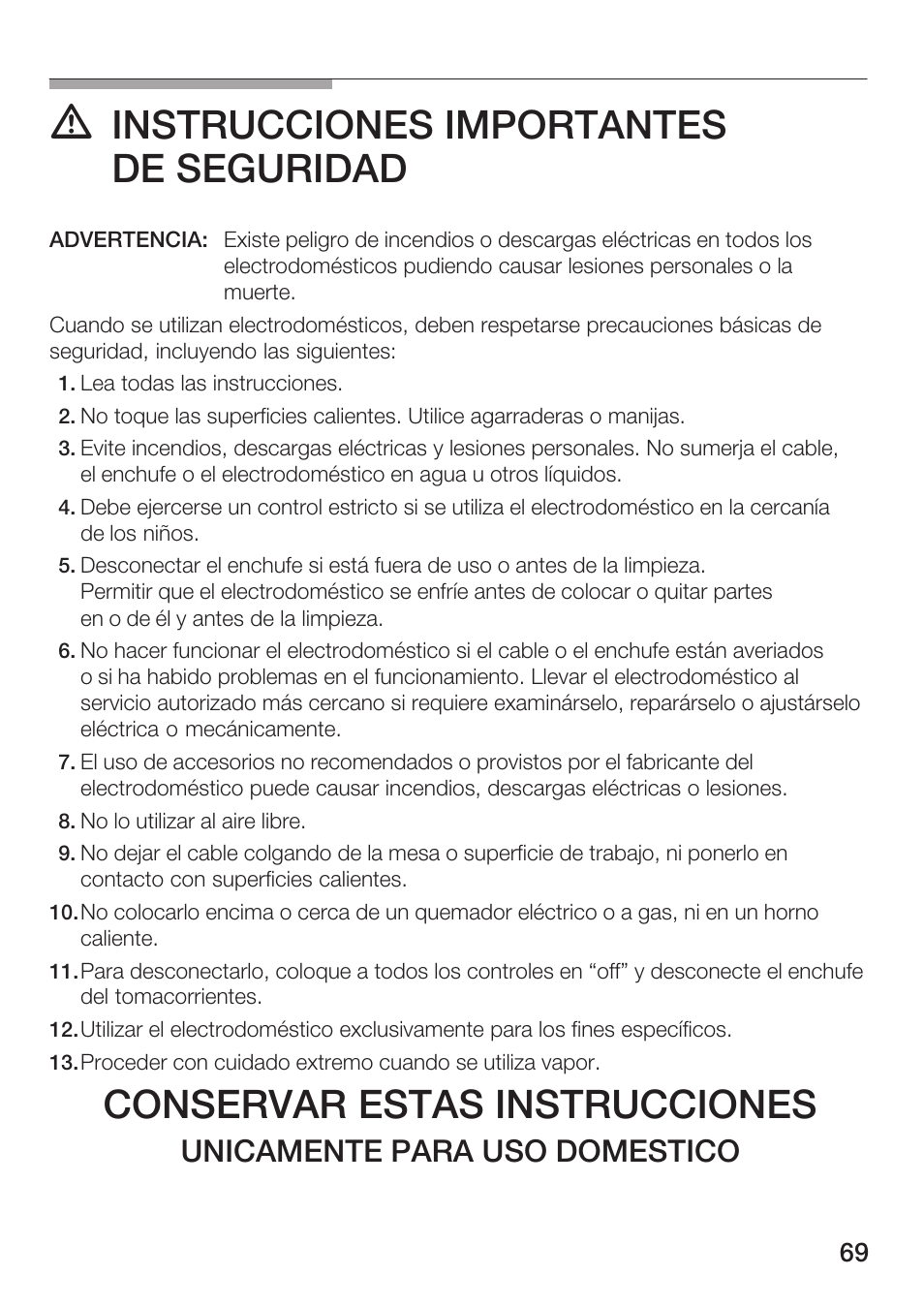 Instrucciones importantes de seguridad, Conservar estas instrucciones, Unicamente para uso domestico | Bosch AUTOMATIC COFFEE CENTRE TCA 6301 UC User Manual | Page 69 / 108