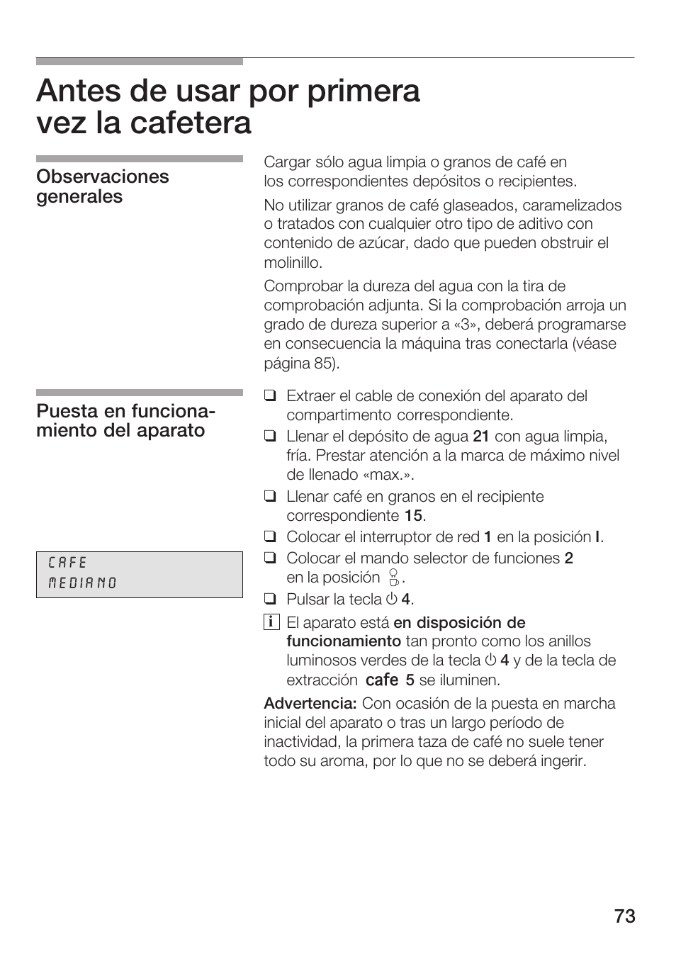 Antes de usar por primera vezălaăcafetera | Bosch AUTOMATIC COFFEE CENTRE TCA 6301 UC User Manual | Page 73 / 108