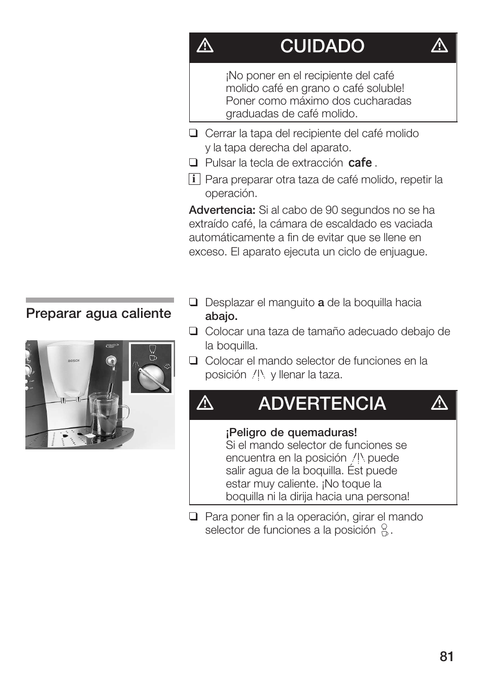 Dcuidado d, Dadvertencia d | Bosch AUTOMATIC COFFEE CENTRE TCA 6301 UC User Manual | Page 81 / 108