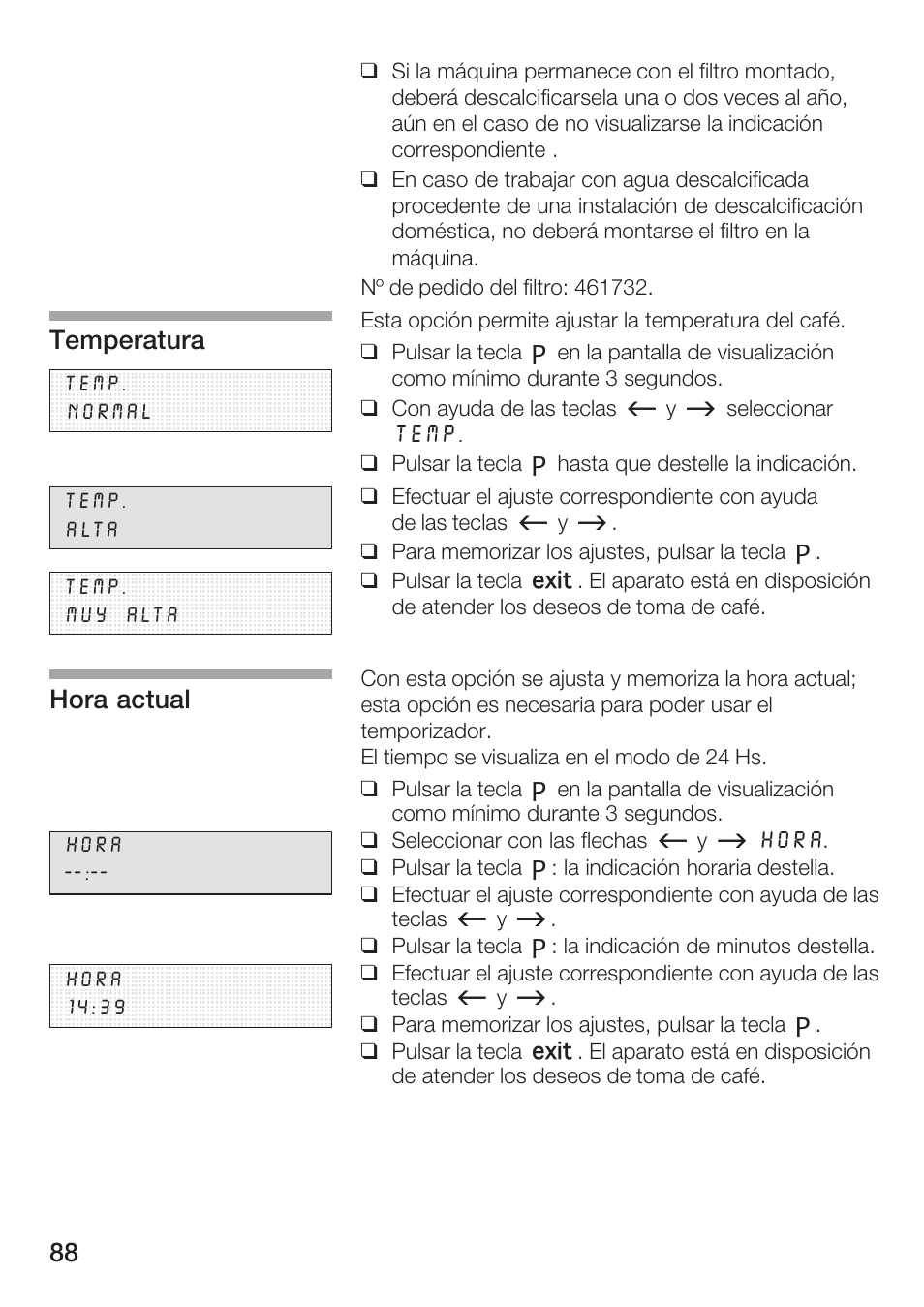 Temperatura, Hora actual | Bosch AUTOMATIC COFFEE CENTRE TCA 6301 UC User Manual | Page 88 / 108