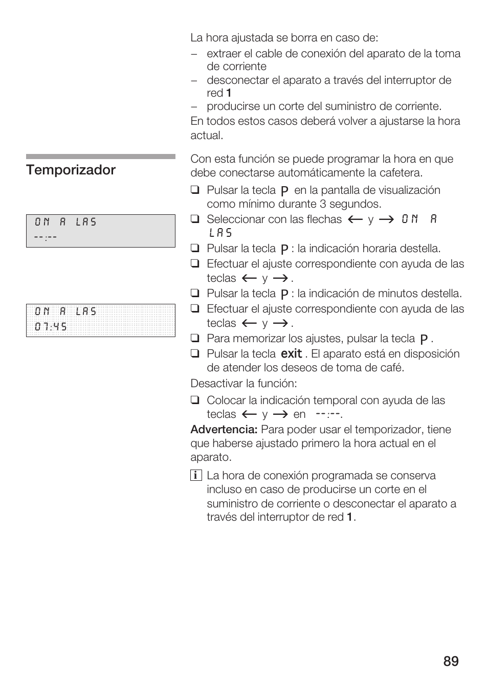 Temporizador | Bosch AUTOMATIC COFFEE CENTRE TCA 6301 UC User Manual | Page 89 / 108