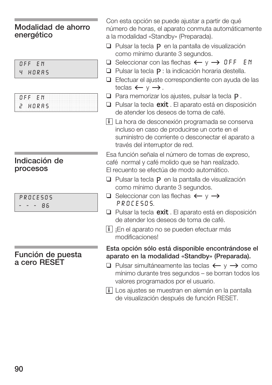 Modalidad de ahorro energético, Indicación de procesos, Función de puesta a cero reset | Bosch AUTOMATIC COFFEE CENTRE TCA 6301 UC User Manual | Page 90 / 108